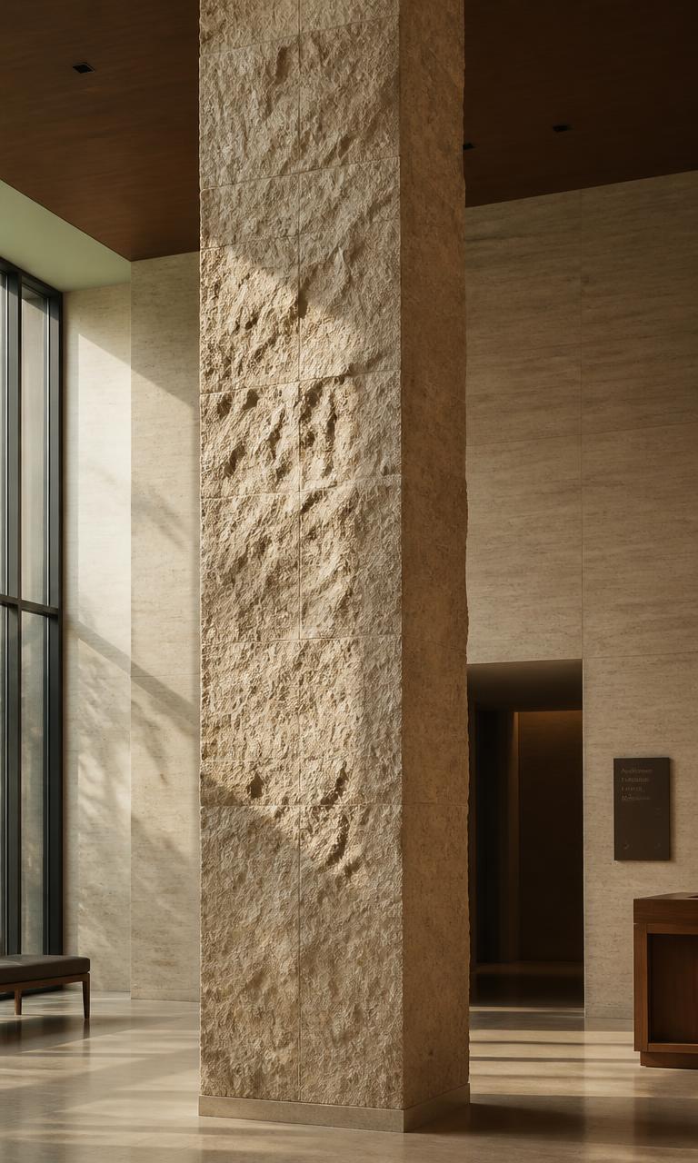 Limestone column in a quiet institutional lobby